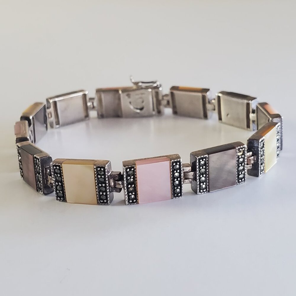 Vintage Multi Mother of Pearl Marcasite Sterling Silver Bracelet